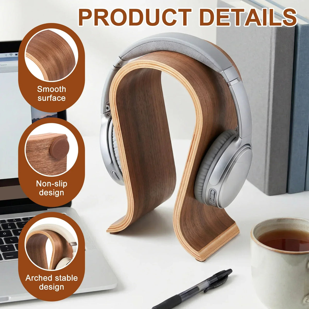 U-Shaped Walnut Wood Headphone Stand – Universal Desk Holder