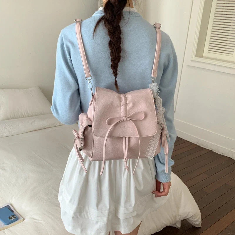 Women's Bow-Tie PU Crossbody Backpack | Multi-Wear Korean Style