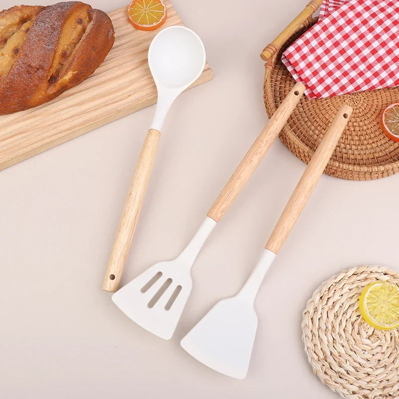 Wooden Handle Silicone Spatula Set – Frying Spatula & Ladle