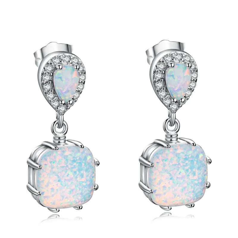 White Simulated Opal Dangle Earrings – Zinc Alloy Hook Style