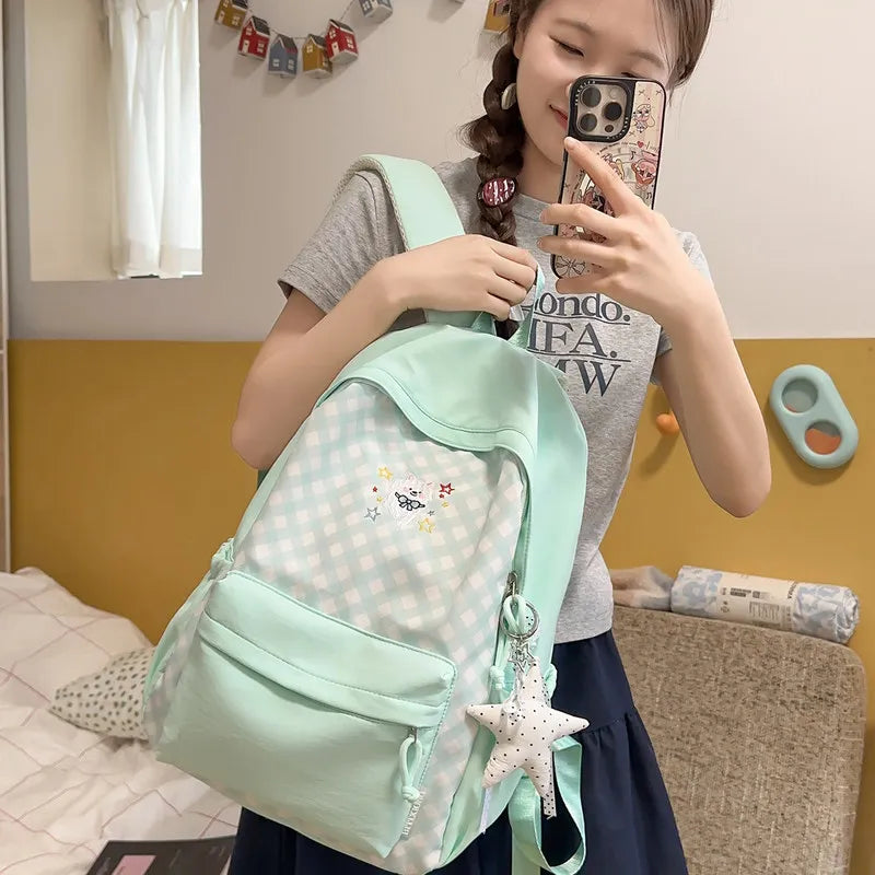 Korean Plaid Embroidered Backpack for Women – Large Capacity