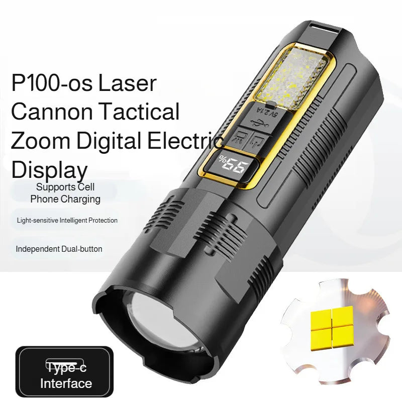 Zoomable Flashlight & Power Bank – Type-C Rechargeable, 500m