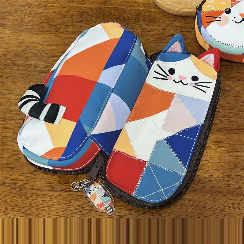 Patchwork Cat Quilted Makeup Brush Bag & Cosmetic Organizer