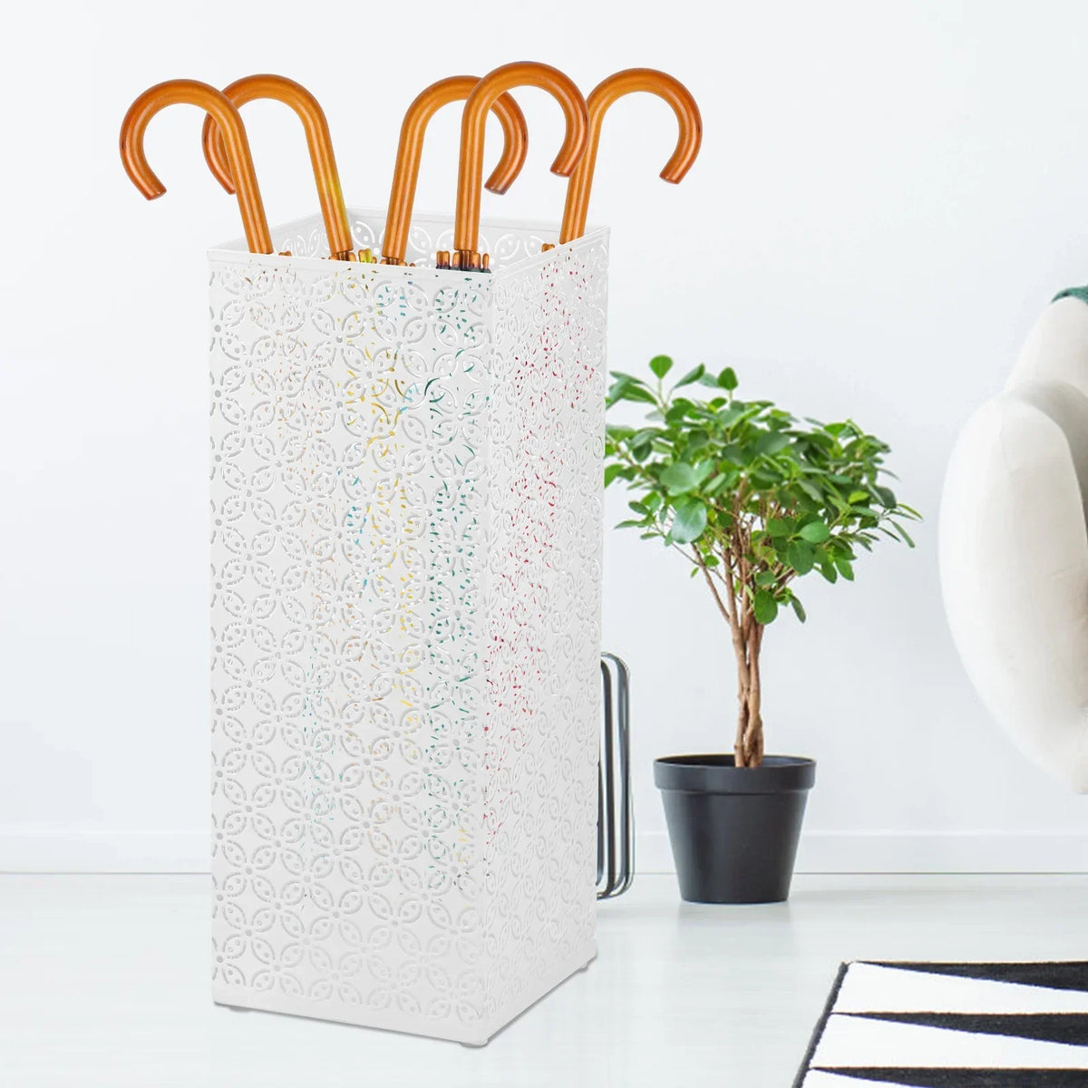 Square Metal Umbrella Stand – Floral Cut-Out Entryway Holder