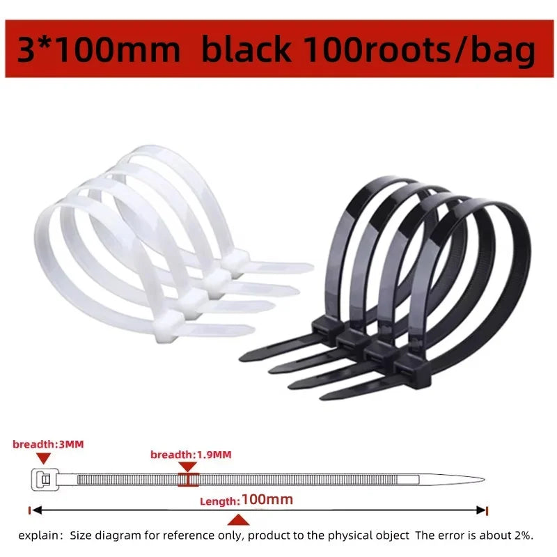 100 PCS Nylon Cable Ties Set – Black Self-Locking Zip Wraps
