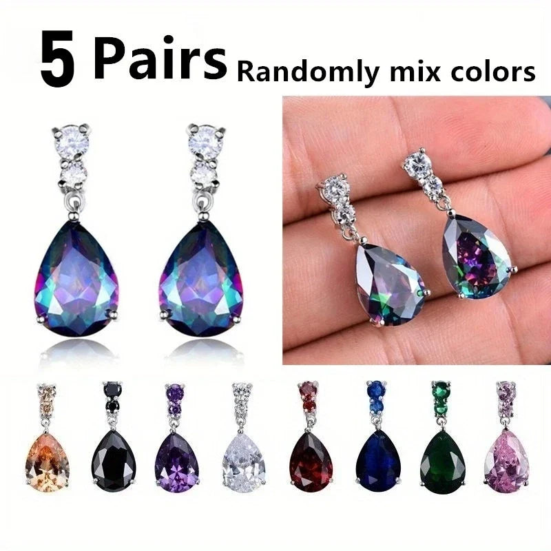 10 Pairs Teardrop CZ Dangle Earrings Set – Multicolor Crystal