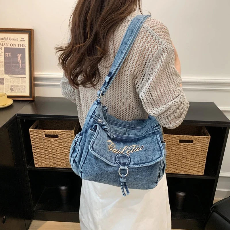 Vintage Embroidered Denim Crossbody Bag – Women's Sling Bag