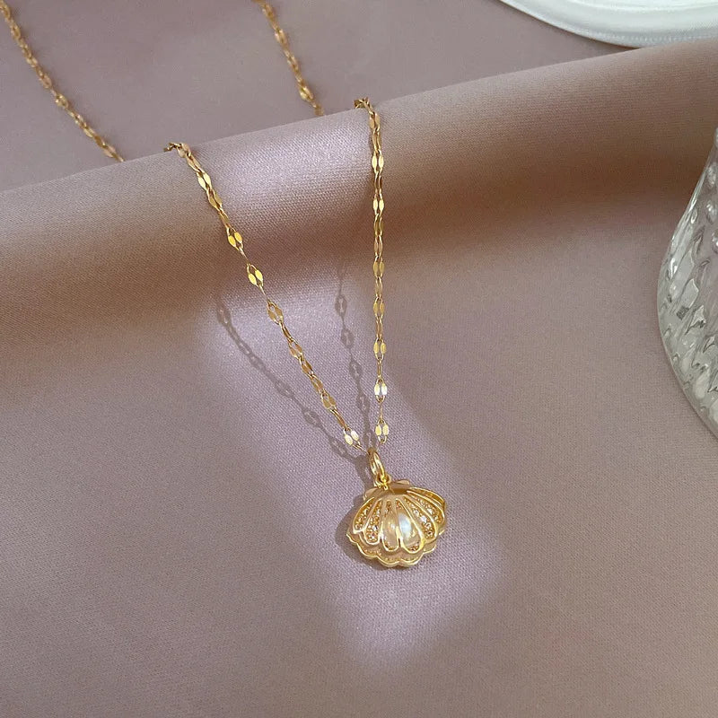 Zircon Shell Pearl Clavicle Necklace – Gold Stainless Steel