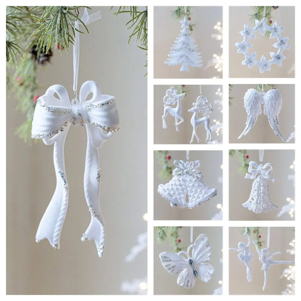 White Christmas Ornaments – Flocking Deer, Wreath & Snowflake