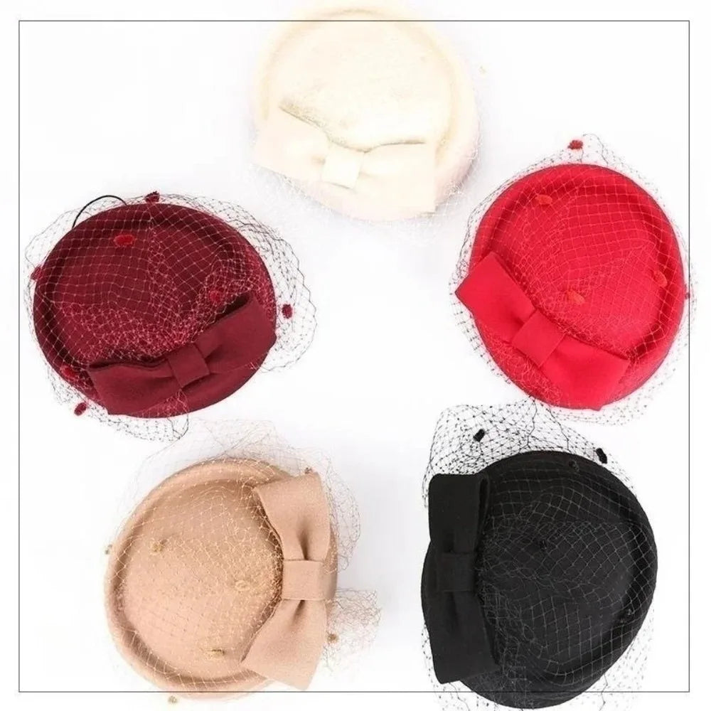 Women's Wool Fascinator Hat – Mesh Veil Bowknot Bridal Headwear