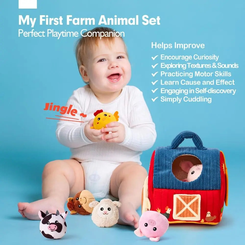 Plush Farm Barn Baby Toy Set – Montessori Sensory 6–12 Months