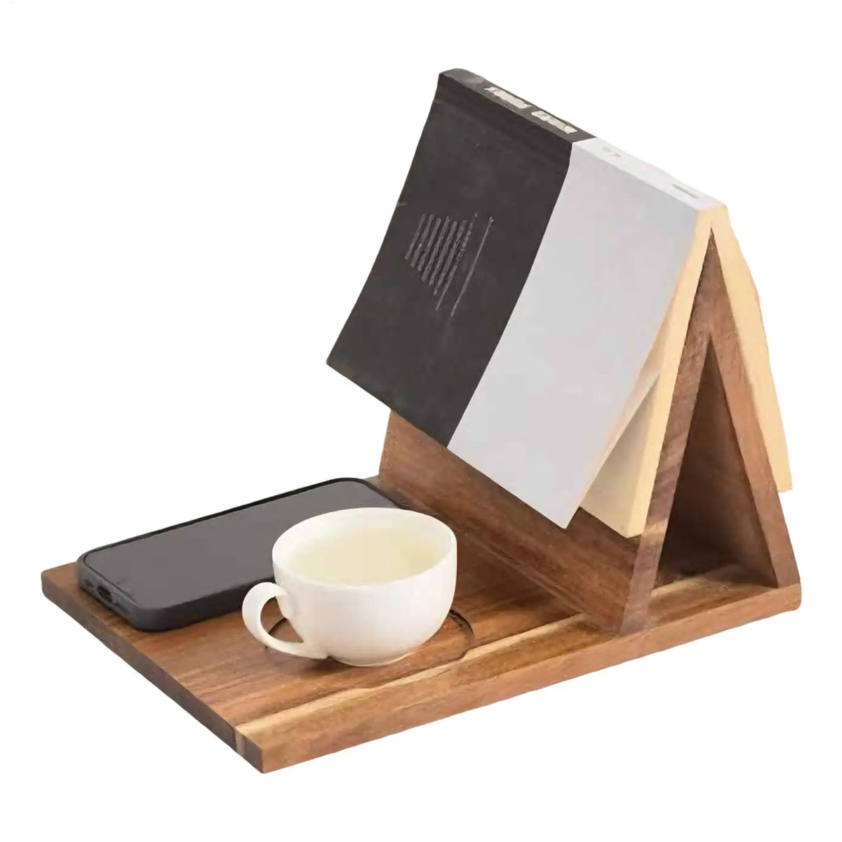Wooden Triangle Book Stand with Drink Holder & Phone Slot