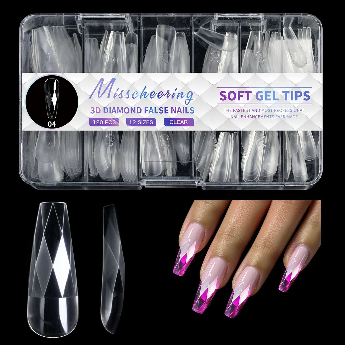 3D Diamond Almond Ballet Press On Nails – Long False Nails Set