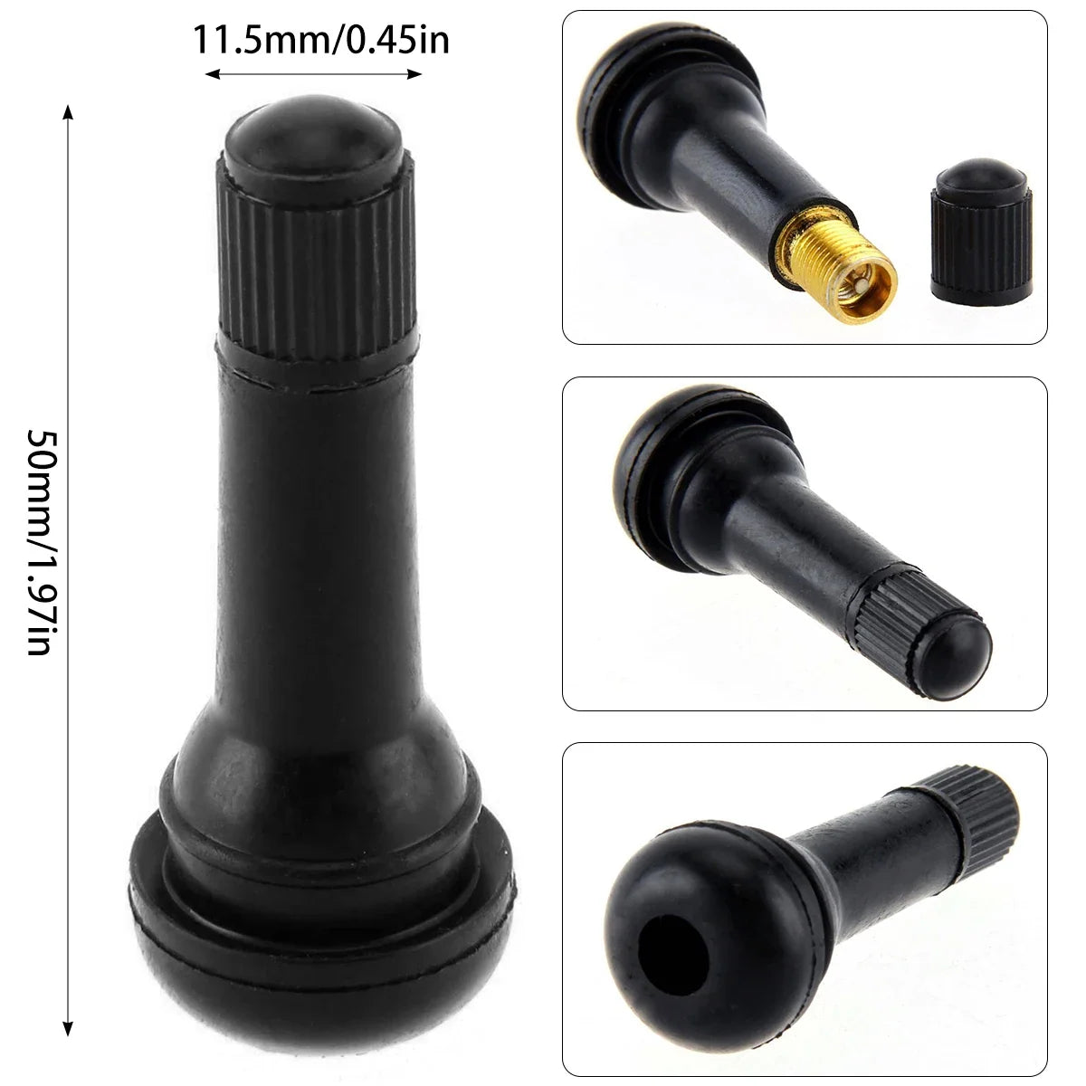 100Pcs TR414 Snap-In Tubeless Tire Valve Stems – Universal Fit