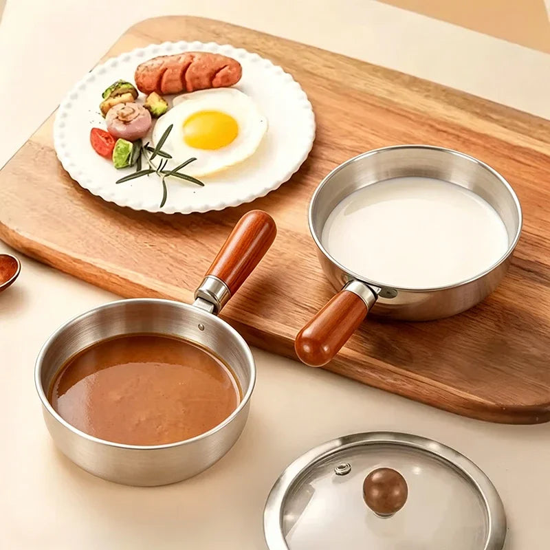 Stainless Steel Milk Pot Glass Lid & Wooden Handle – Induction