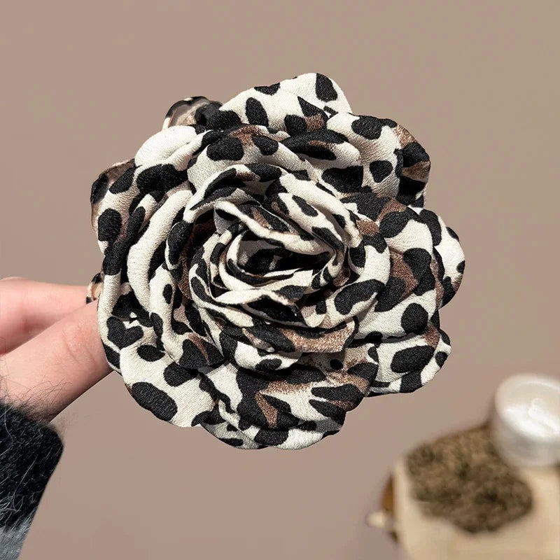 Leopard Print Fabric Rose Flower Hair Claw Clips for Women