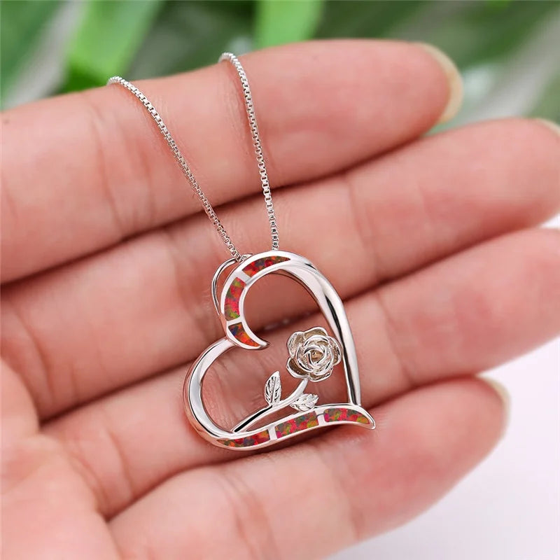Women's Simulated Opal Rose Heart Pendant Necklace
