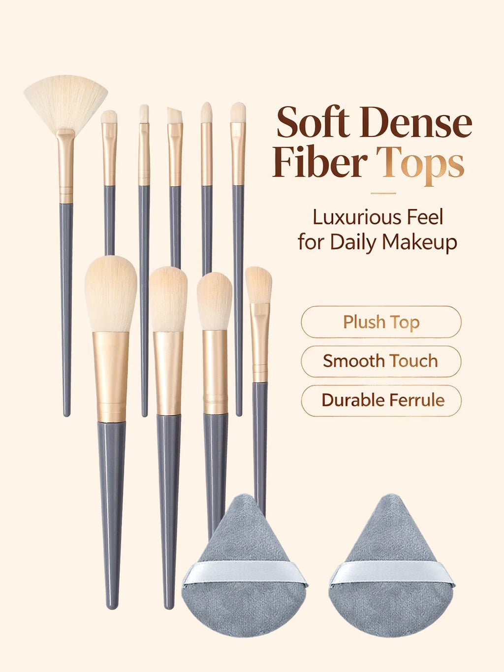 12Pc Professional Makeup Brush Set with 2 Triangle Puffs