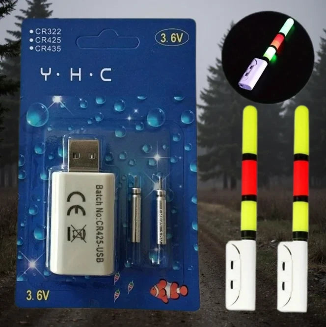 Night Fishing Float Set – 2 Bobbers + USB Charger & CR425 Batteries