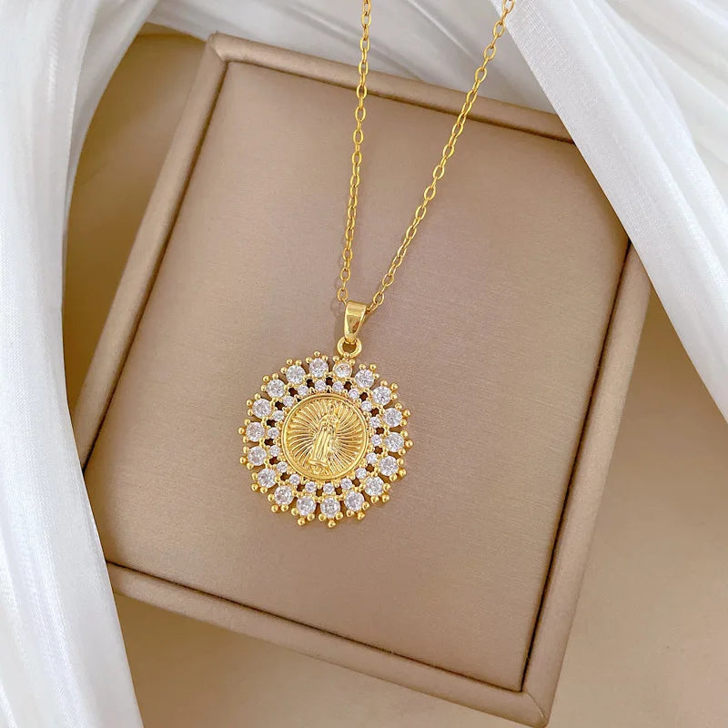 Women's Gold Plated Round Portrait Pendant Choker Necklace
