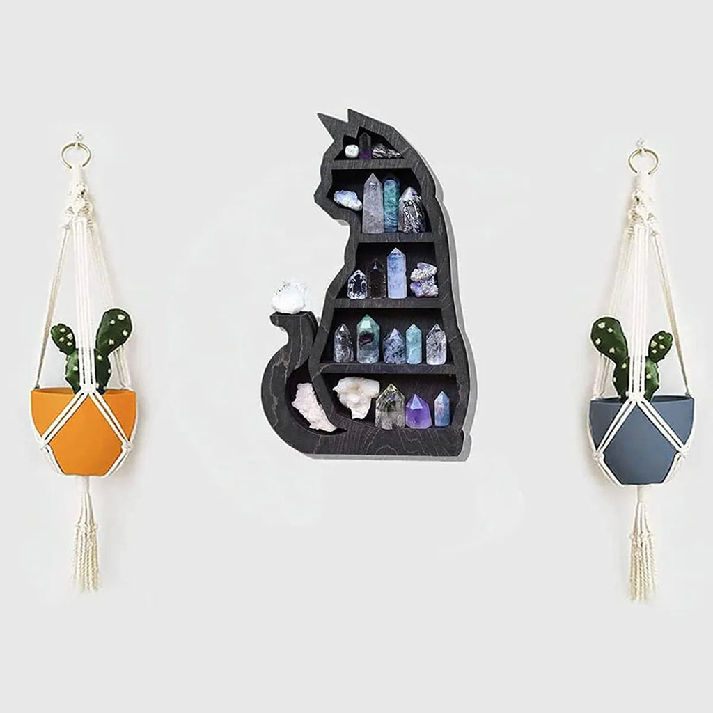 Wooden Black Cat Crystal Display Shelf – Pine Storage Rack