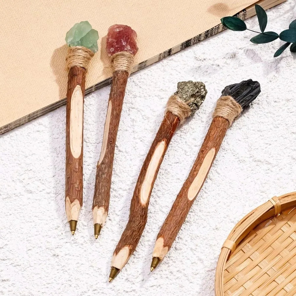 Handmade Natural Crystal Ballpoint Pen – Wooden Wand Writing Pen
