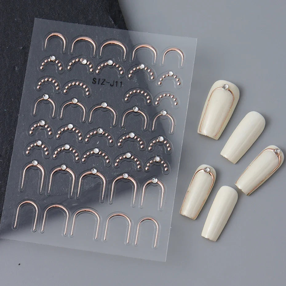 3D Metal Stripe Nail Art Stickers – Gold Silver Self-Adhesive