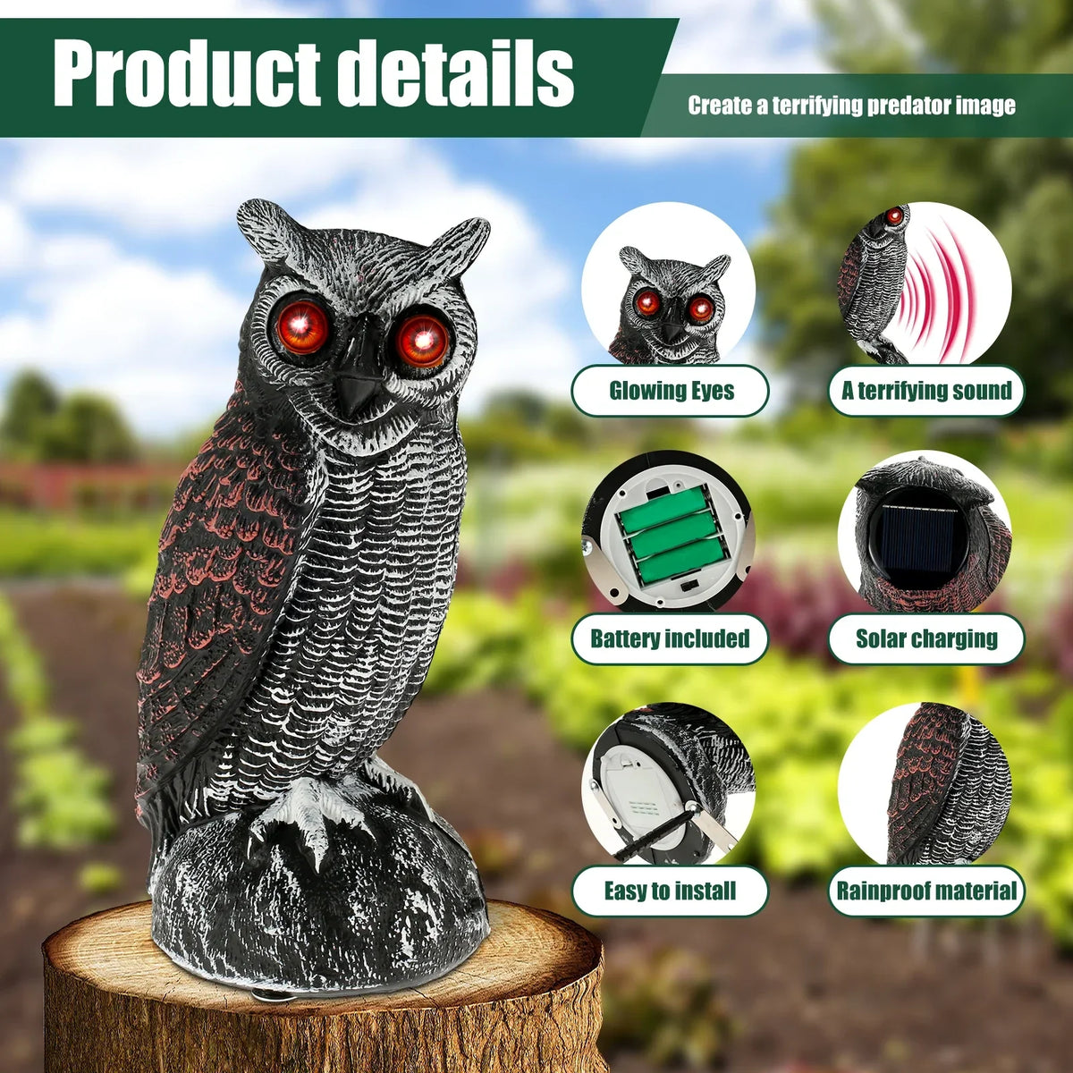 Solar Owl Decoy Bird Deterrent – 2 Modes, Motion Sensor