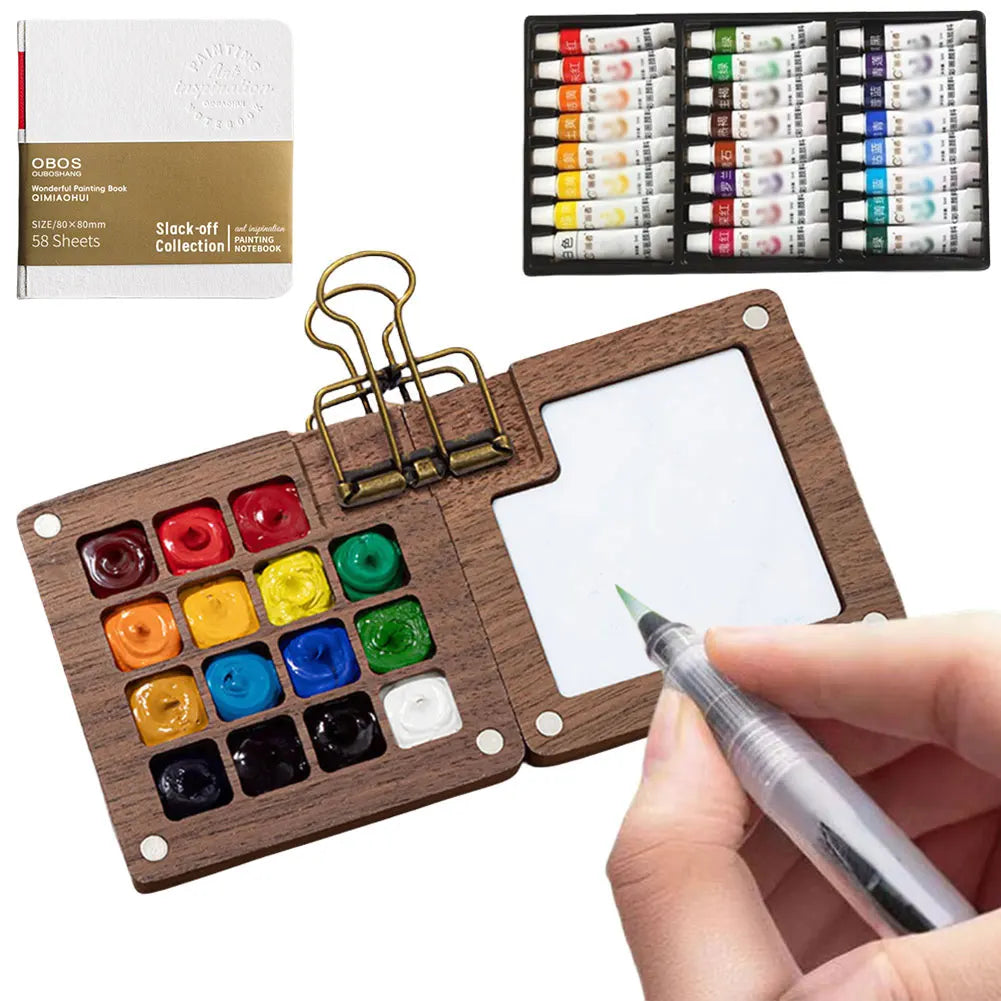 Travel Watercolor Palette Set – Portable Wooden 8/15 Grid Kit