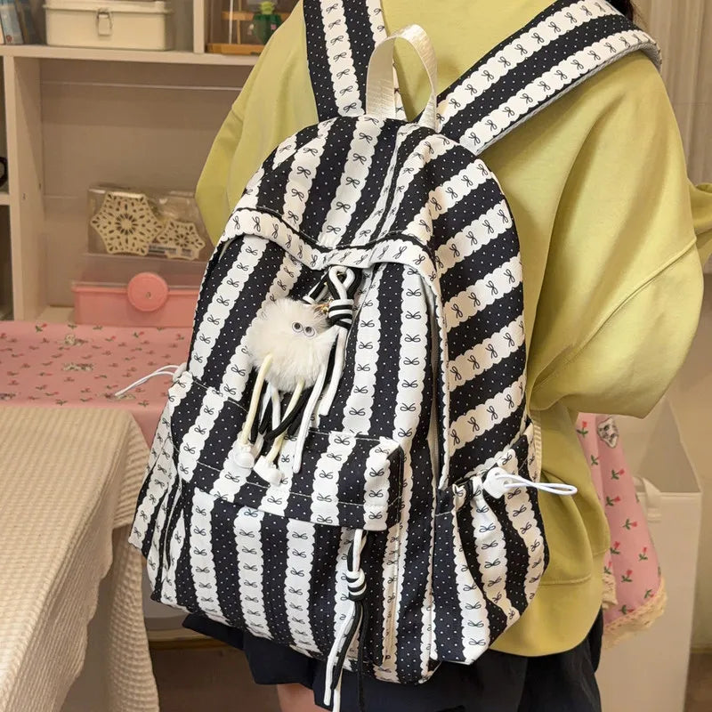 Nixie Striped Bow School Backpack – Large Capacity Teen Girls