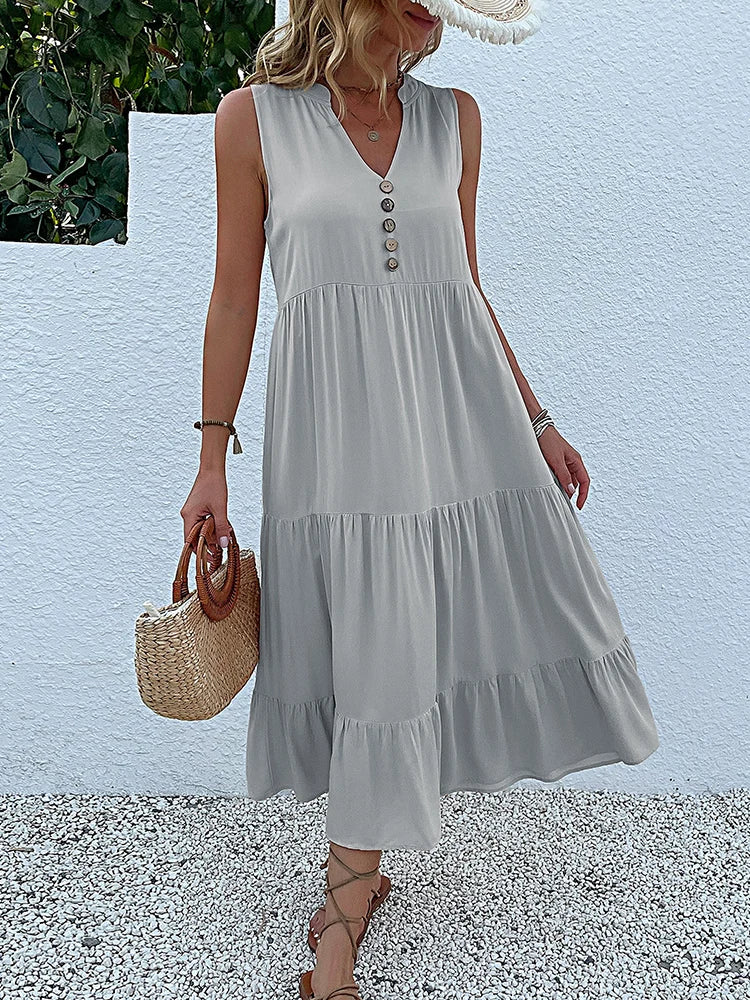 Women's Sleeveless V-Neck Ruffle Midi Sundress | SAILASIDIYA