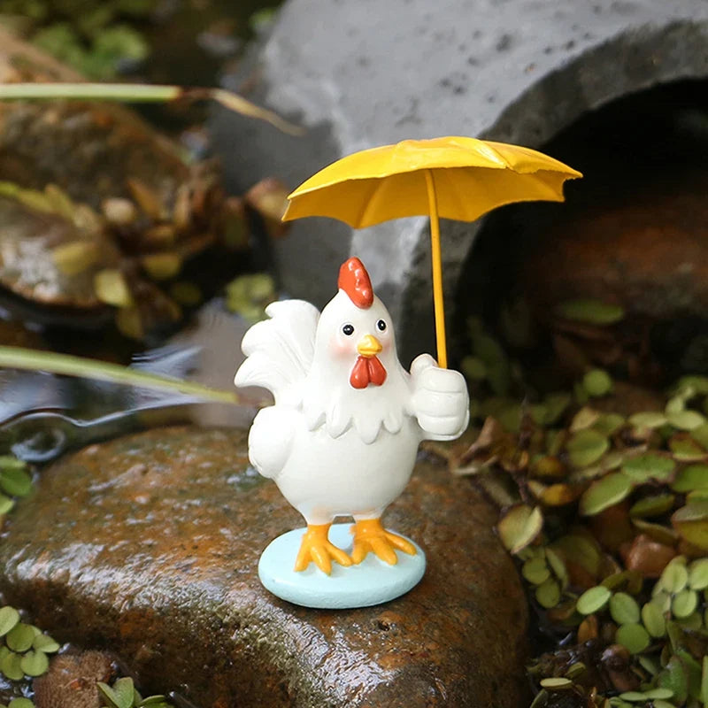 Rooster Figurine with Umbrella – Resin Garden Statue Decor