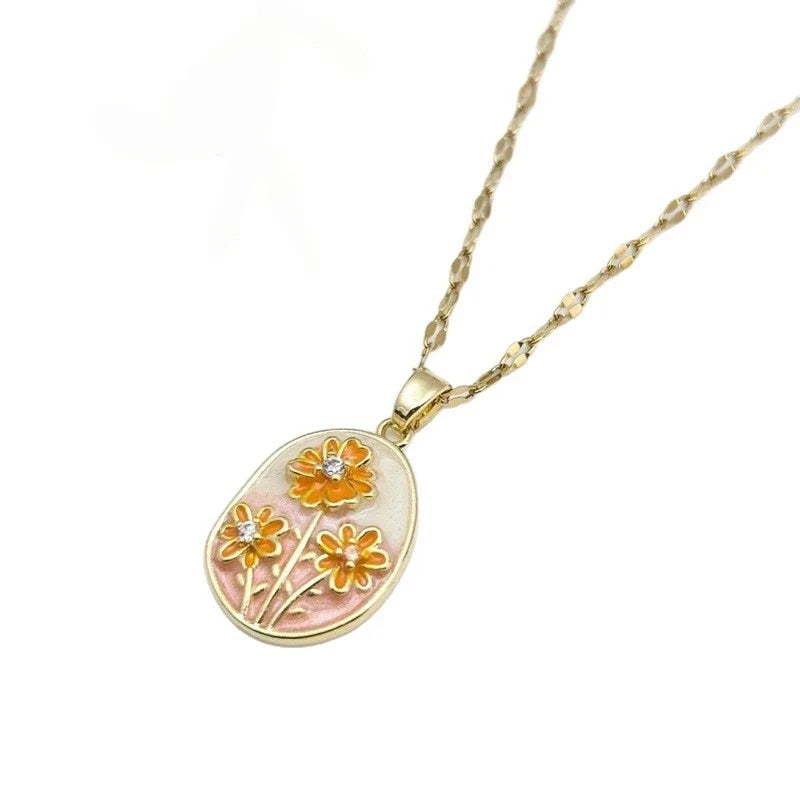 Vintage Copper Floral Pendant Necklace | Gold-Plated Zircon