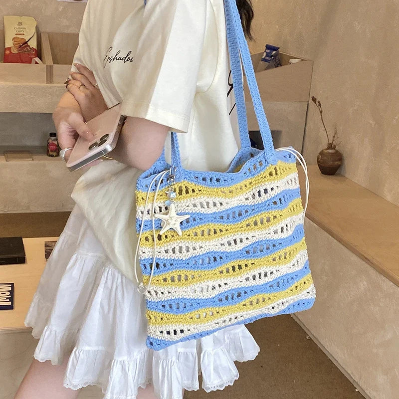 Women's Large Crochet Tote – Two-Tone Striped Shoulder Bag
