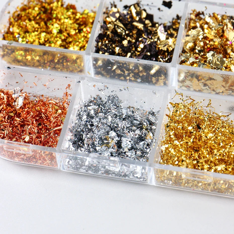 12-Grid Gold & Silver Glitter Nail Art Flakes Sequins Set