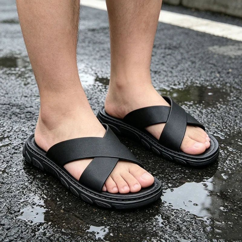 Men's Faux Leather Thick Sole Open Toe Beach Sandals