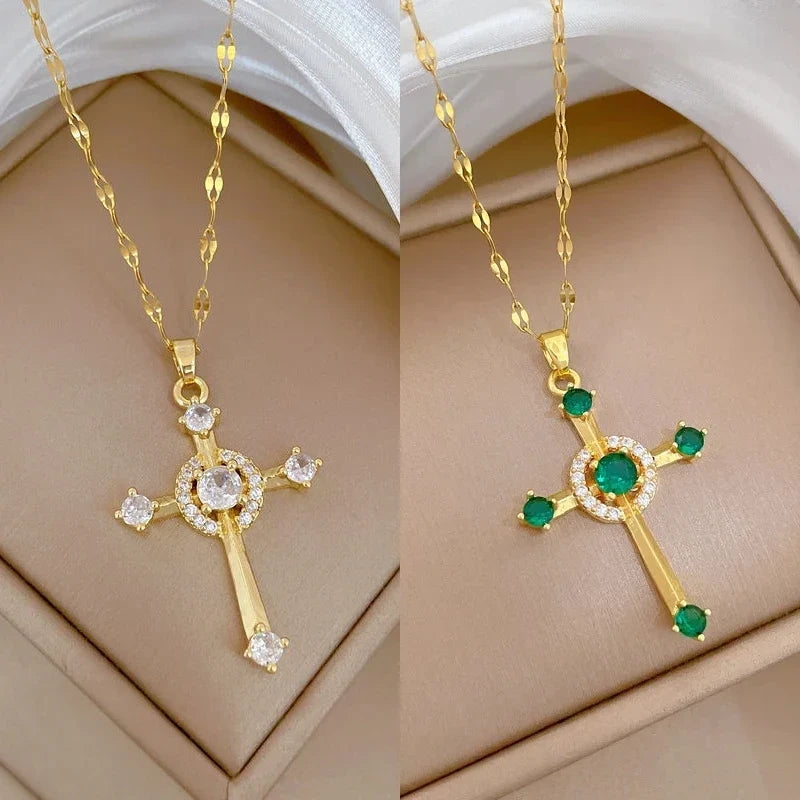Women's Gold Cross Pendant Necklace – Stainless Steel Choker