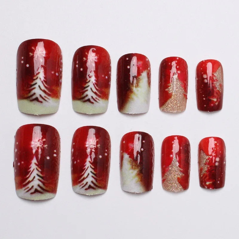 Christmas Snowflake Press On Nails 24pcs Red Gold Festive