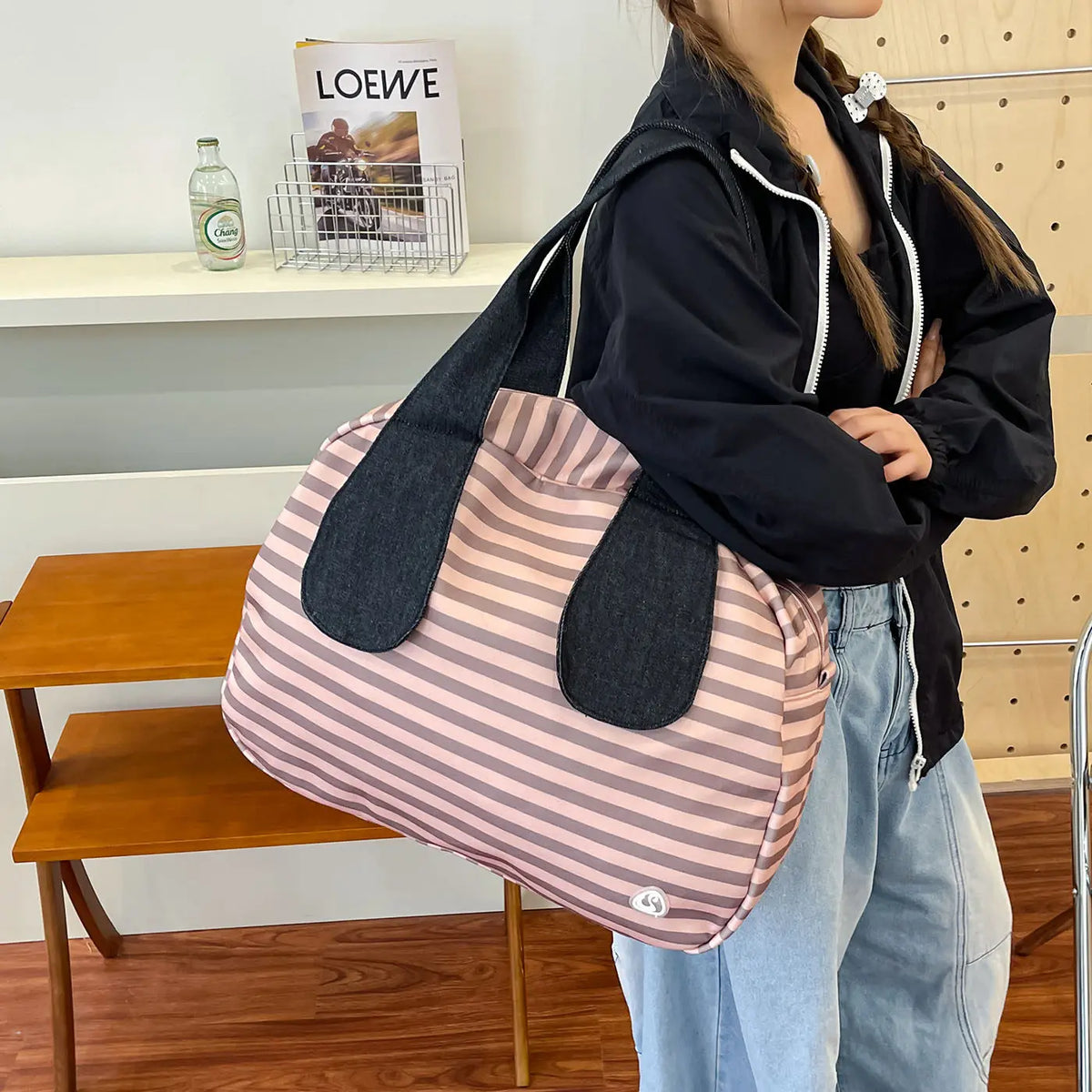 Vintage Striped Canvas Tote Bag | Korean-Style Shoulder Handbag