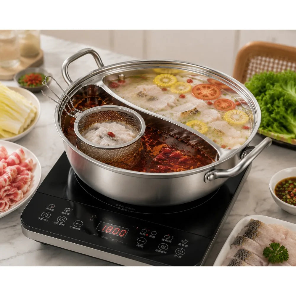 32cm Stainless Steel Hot Pot Divider & Strainer Basket Set