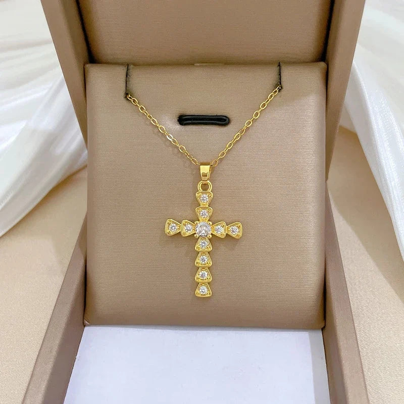 Women's Gold Cross Pendant Necklace – Stainless Steel Choker