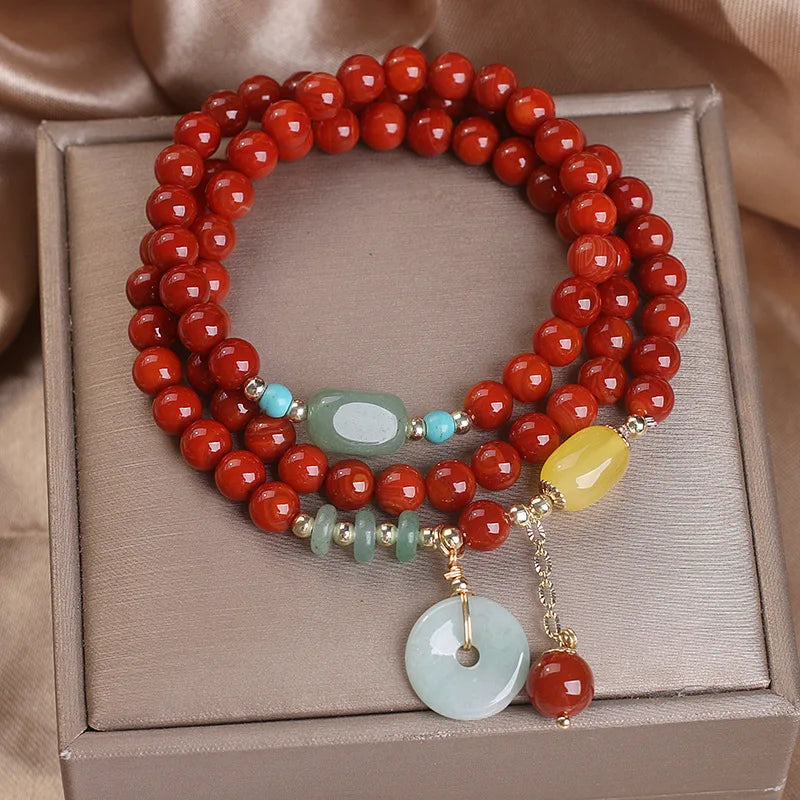 Natural Nanhong Agate Multi-Layer Peace Buckle Bracelet