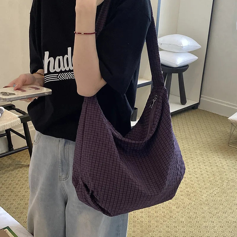 Women's Plaid Canvas Tote Bag – Korean Style Crossbody