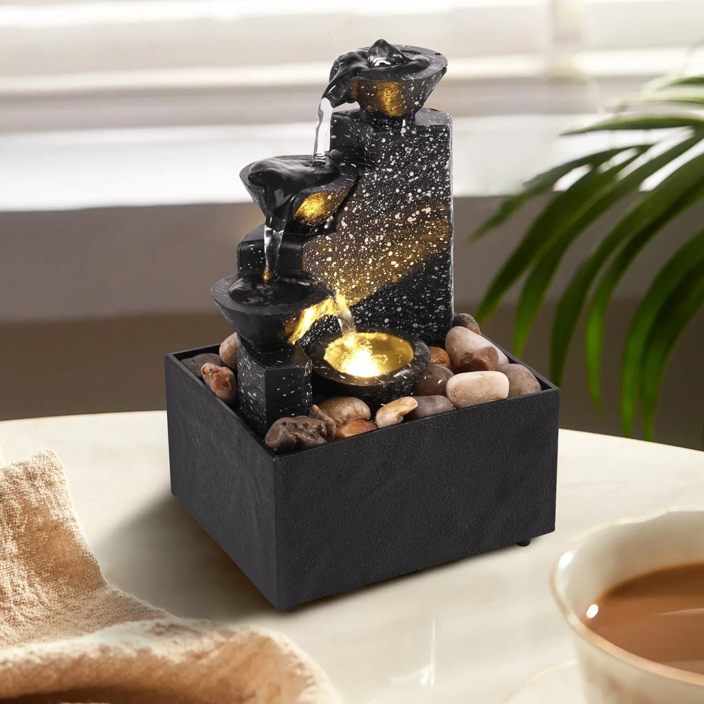 Tabletop Waterfall Fountain with LED Light & Natural Pebbles