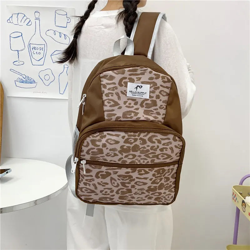 Korean Leopard Print Backpack – Cute Color-Block Women's Bag