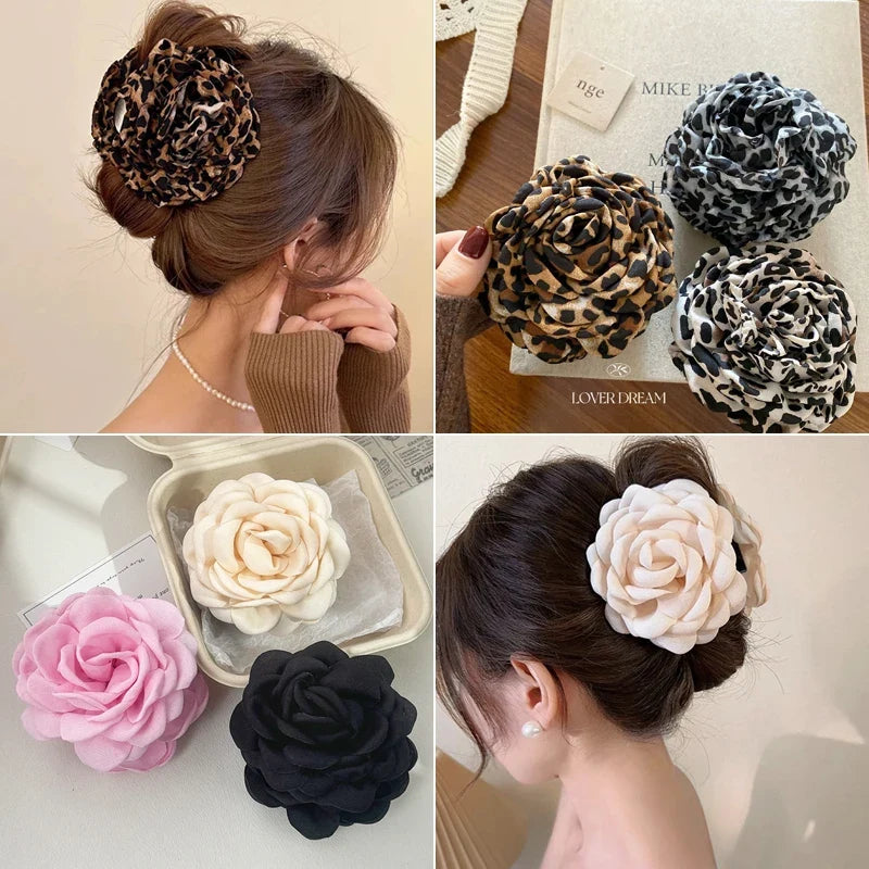 Leopard Print Fabric Rose Flower Hair Claw Clips for Women