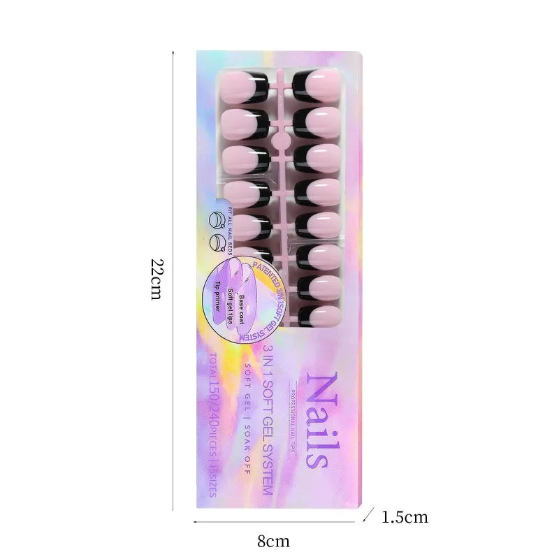 Black Pink French Tip Press On Nails with Rhinestone 24pcs