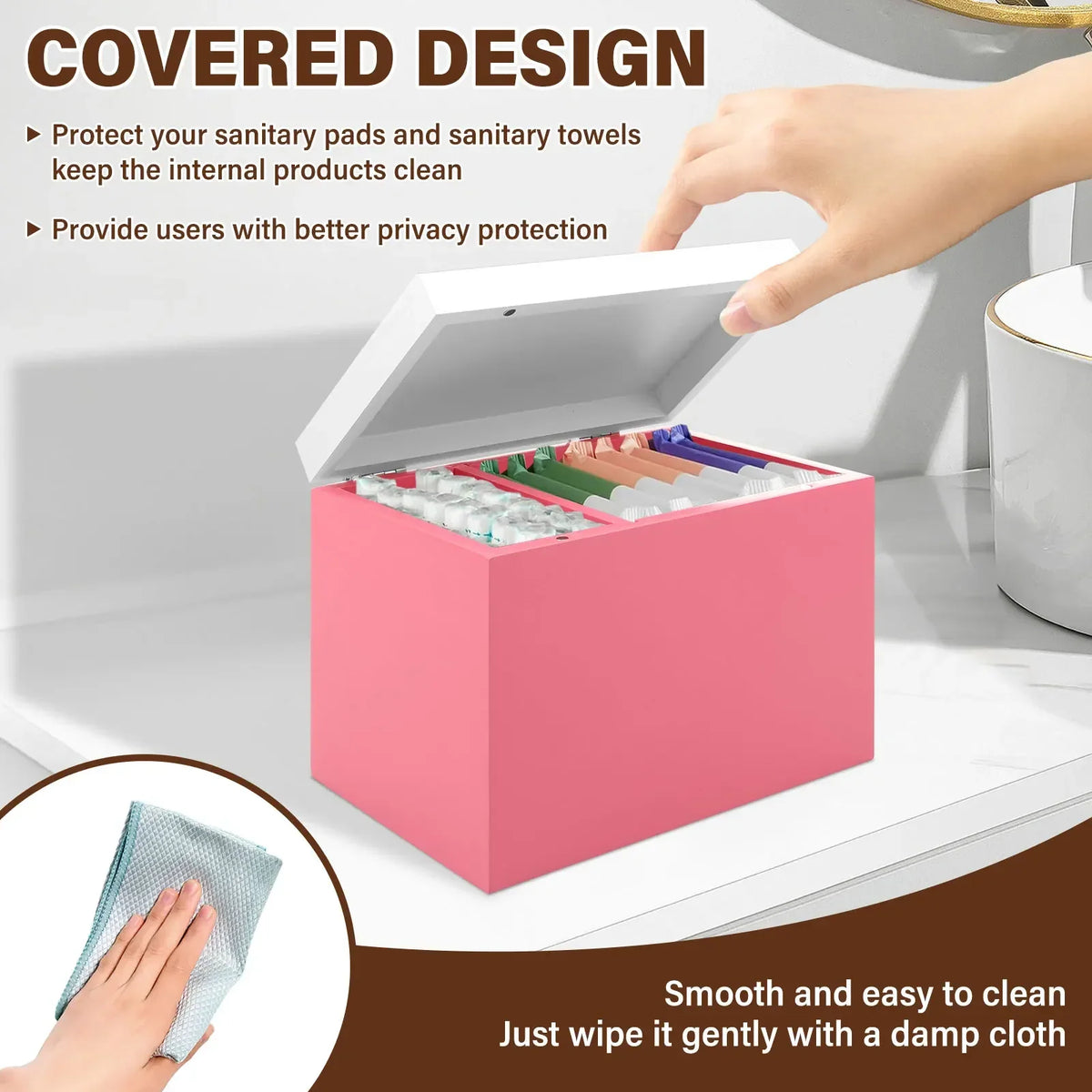 Wooden Tampon & Pad Organizer Box – 2-Compartment Hinged Lid