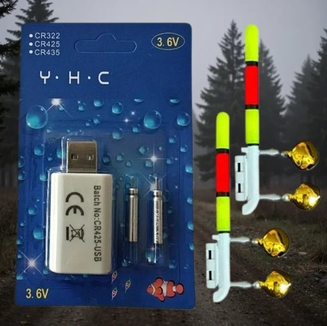 Night Fishing Float Set – 2 Bobbers + USB Charger & CR425 Batteries