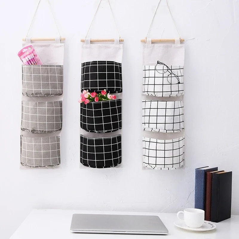 Plaid 3-Pocket Hanging Storage Bag | Wall Door Organizer